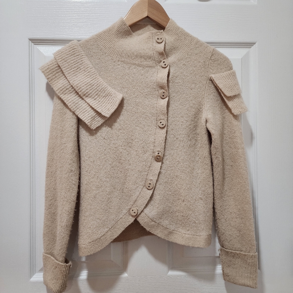 Anthropologie Charlie And Robin Knit Sweater Cardigan Ruffled Ivory Beige XS - Picture 3 of 10